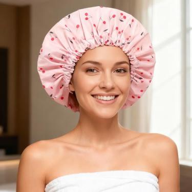 Imagem de Touca de banho impermeável reutilizável, touca de banho extragrande para mulheres, design ajustável antiderrapante para cabelos longos, grossos e curtos, estampa cereja