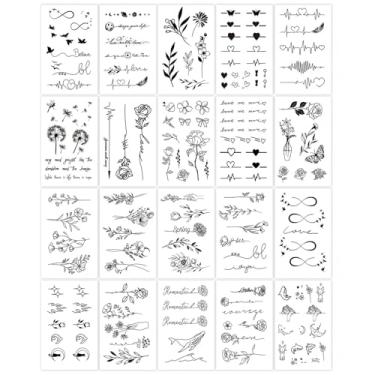 Imagem de 20 peças de tatuagens minimalistas semipermanentes de suco de ervas floral padrão de símbolo de frase em inglês 7-14 dias sem derramamento não reflexivo pulso ombro pescoço clavícula corpo adesivo de