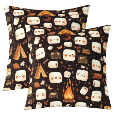 Imagem de Feelyou Capas de almofada reversíveis de marshmallow fofas 50 x 50 cm, conjunto de 2 capas de almofada quadradas Kawaii S'Mores para meninos, meninas, adolescentes, felizes, acampamentos, tendas,