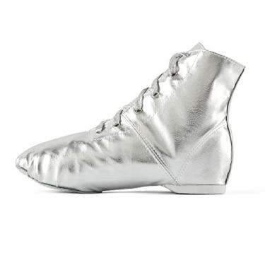 Imagem de missfiona Botas de jazz sapatos de dança para mulheres com cadarço e sola dividida, Prata, 8.5