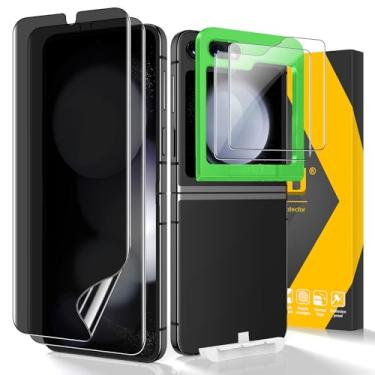 Imagem de JEHOO [Pacote com 2 + 2] Protetor de tela de privacidade para Samsung Galaxy Z Flip 5, protetor de tela TPU de privacidade frontal + vidro temperado traseiro com ferramenta de alinhamento de