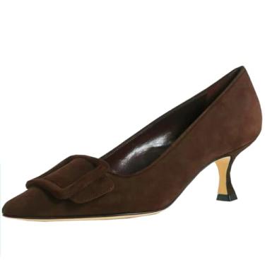 Imagem de Divanne Sapato feminino de camurça, salto gatinho, fivela, bico fino, salto baixo, sapato social, Marrom-chocolate camurça, 38