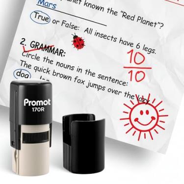 Imagem de Promot - Carimbos autotintados para professores, carimbo de borracha redondo para avaliação e feedback, carimbos de tinta de secagem rápida, impressão transparente, carimbo de sala de aula