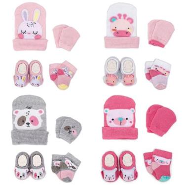 Imagem de Kit 4 Conjuntos Bebê Menina Recém-Nascido Touca Luva Meia e Pantufa Ma