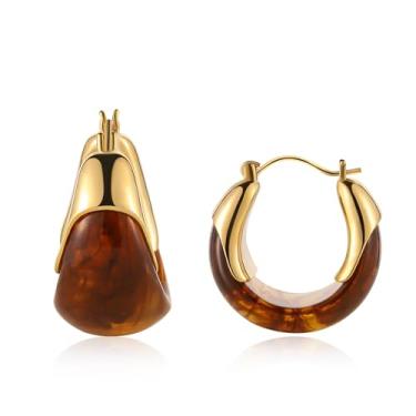 Imagem de Brincos de argola de resina âmbar banhados a ouro 14k para mulheres, na moda, hipoalergênicos, brincos de ouro grosso, joias presentes para lóbulos sensíveis das orelhas