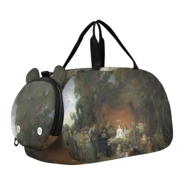 Imagem de Bolsa esportiva Hubert Robert para meninas com pintura de paisagem para viagem durante a noite com compartimento para sapatos, bolsa esportiva para meninos, Estampa Jean-Antoine Watteau, Clássico