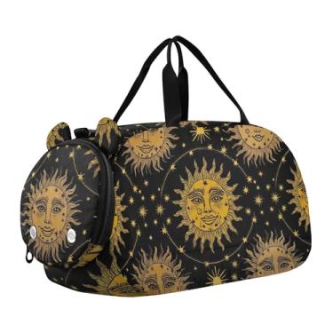 Imagem de Bolsa esportiva de lagosta vermelha com estrela do mar azul para viagem de fim de semana bolsa esportiva para meninos e crianças, Vintage Sun Heads Estrelas Pretas, Clássico