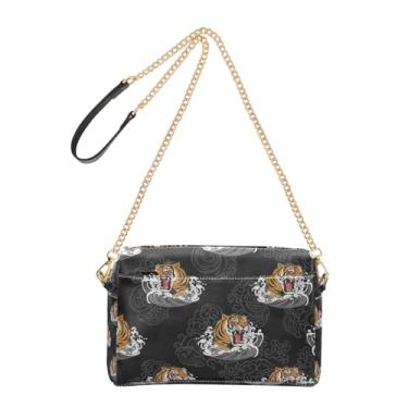 Imagem de Bolsa tiracolo feminina para celular Fierce Tigers preta de couro PU com alça de corrente