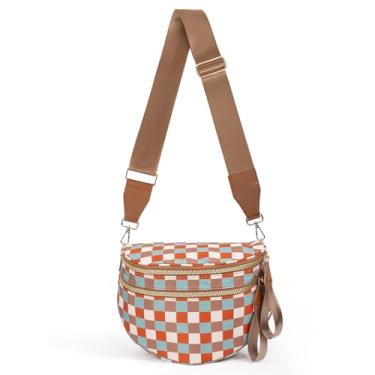 Imagem de Bolsas transversais para mulheres, pochete espaçosa de nylon, pochete quadriculada grande crescente, Xadrez - Marrom Azul, Bolsas transversais