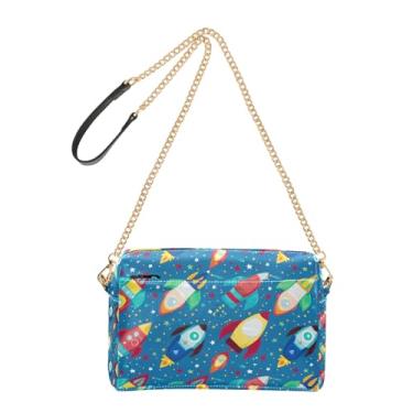 Imagem de Joitme Bolsa feminina colorida de desenho animado foguete azul bolsa tiracolo de couro PU bolsa de ombro alça de corrente bolsa para celular fofa