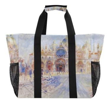 Imagem de Joitme Bolsas de praia femininas com estampas fofas sacolas de mercearia reutilizáveis para piquenique para a família Lavanderia Veneza Piazza Auguste Renoir Print Big Folding Travel Totes Mom