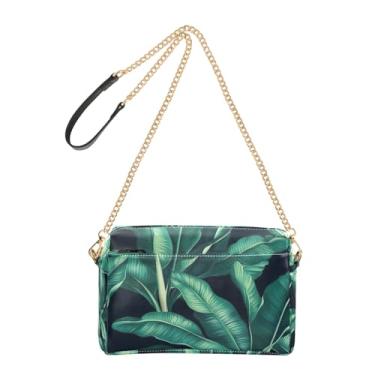 Imagem de Joitme Bolsa de ombro feminina transversal para celular alça de corrente de couro PU bolsa de ombro verde exuberante folhas de banana