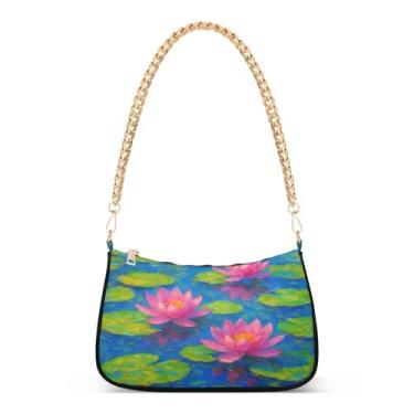 Imagem de Bolsa vintage com corrente de ombro rosa verde e nenúfar, bolsa de mão artística Hobo para mulheres, bolsa clutch versátil para uso diário ou noturno