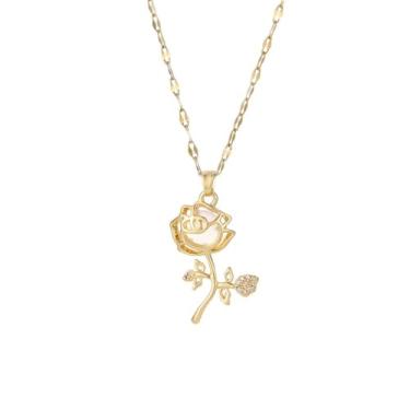 Imagem de Dtja Colar feminino com pingente de flor rosa de filigrana delicada banhado a ouro com pingente floral de folha de cristal colar ajustável elegante para casamento dia dos namorados 45,7 cm