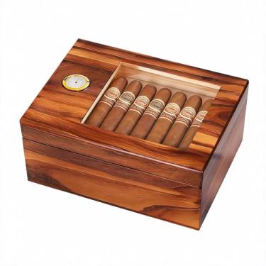 Imagem de Umidor de charuto, umidificador de cedro moderno de vidro com higrômetro, umidificador, bandeja e divisor de madeira de cedro feito à mão, estojo de charuto comporta 25-50 charutos, acessórios de