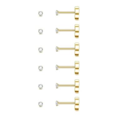 Imagem de Conjunto de 3 a 5 pares de brincos quadrados para homens e mulheres, brincos de zircônia cúbica transparente preenchidos com ouro 14 K, hipoalergênicos, de aço cirúrgico, com costas planas para