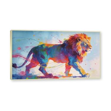 Imagem de NHLDZYH Moldura dourada. Quadro abstrato de leão - arte moderna com salpicos de cor vibrante - arte de parede energética para casa, escritório ou negócios - tela decorativa. A107. 50 x 90 cm.