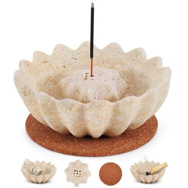 Imagem de SPESHSTONES Suporte de incenso de mármore para queimador de incenso travertino de 14 cm para sálvia, palitos e cones do Palo Santo – apanhador de cinzas, tigela para presentes, ioga, meditação, sala