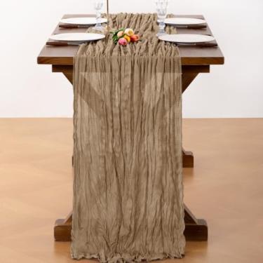 Imagem de Santaben Caminho de mesa de gaze rústico Boho Nude 4 peças 50 cm × 30 cm caminho de mesa de pano de queijo 3 m para Natal, inverno, festa de aniversário, cerimônia de casamento, chá de bebê, decoração