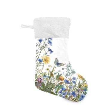 Imagem de ATTX Meias de Natal de flores silvestres com borboletas, suporte de presente de punho de pelúcia branco para decorações de festas de fim de ano (17,7 polegadas, pacote com 2) #407