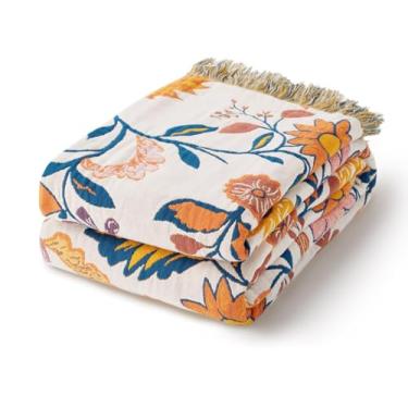 Imagem de Cobertor Boho 100% algodão para decoração de casa – Colcha floral colorida de casa de fazenda, cobertores de musselina para adultos, cobertor decorativo de tecido vintage para sofá, camada de cama