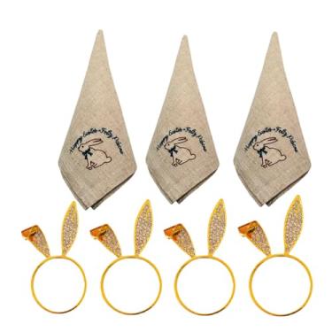 Imagem de Kit Guardanapos 45x45cm E Argolas Coelhinho Com Bordado E Strass Bege