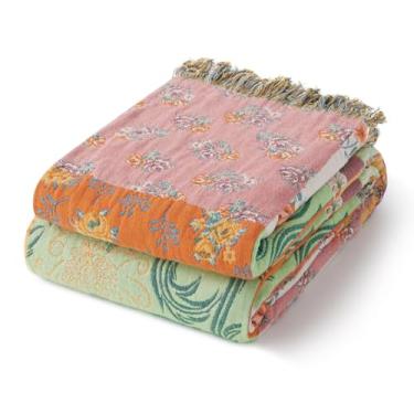 Imagem de RILIHO Cobertor Boho 100% algodão para decoração de casa – Colcha de cama de fazenda reversível de patchwork colorido, cobertor de musselina decorativo de tecido vintage para sofá, uso em camadas de