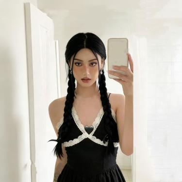 Imagem de Peruca trançada preta natural para mulheres - touca de peruca de cabelo sintético premium, design antiderrapante confortável para uso diário, festas e casamentos