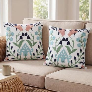 Imagem de Peryiter Pacote com 2 capas de almofada bordadas, 45,7 x 45,7 cm, floral, decorativas, com zíper, estética, casa de fazenda, boho, verão, aconchegante, fronhas para sala de estar, sofá, cama (azul