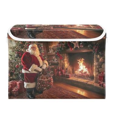 Imagem de SEHANY Linda caixa de armazenamento de Papai Noel de Natal com tampas e alças, organizador de cestas de armazenamento de tecido dobrável, caixas de armazenamento de cubos grandes para roupas, cobertor