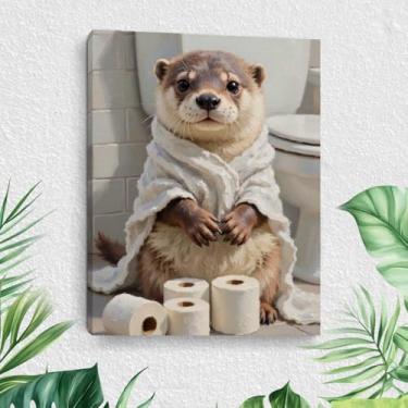 Imagem de Arte de parede em tela de banheiro de lontra, linda pintura de lontra, decoração de parede emoldurada, humor moderno, banheiro, animal, pôster, arte para casa e escritório, banheiro, decoração de casa