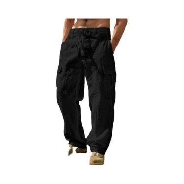 Imagem de Calças Casuais Masculinas De Algodão E Linho Com Múltiplos Bolsos, Est