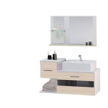 Imagem de Kit Gabinete MDF para Banheiro com Cuba e Espelheira 65cm (Branco/Madeirado)