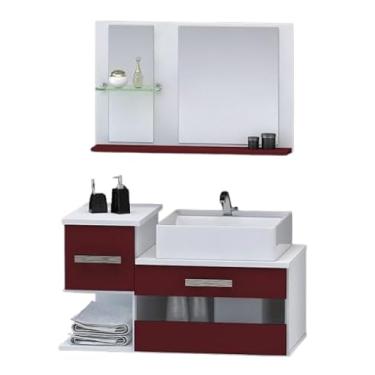Imagem de Kit Gabinete MDF para Banheiro com Cuba e Espelheira 65cm (Branco/Vermelho)