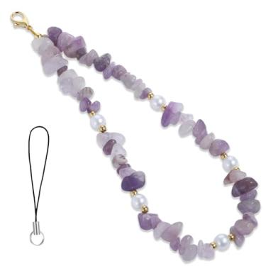 Imagem de Molain Alça de pulso feita à mão com contas para telefone, cordão de cristal roxo para decoração de chaveiro de câmera