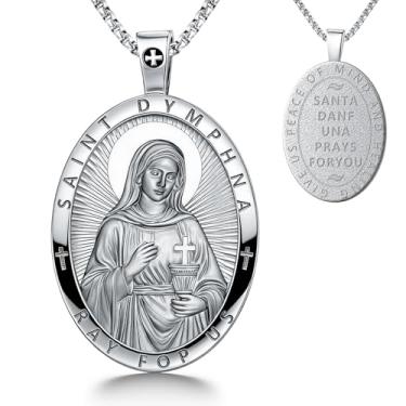 Imagem de Colar com pingente de proteção de ansiedade Saint Dymphna, banhado a cobre, pingente religioso de ouro real com oração gravada, corrente de 40 cm, caixa de presente de joias hipoalergênica do santo