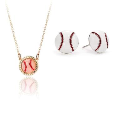 Imagem de ONLYJUMP Conjunto de colar de brincos de futebol de beisebol com strass para mulheres e homens corrente de beisebol moderna pingente bola esportiva brincos jogos dia jóias para fãs de esportes, Large