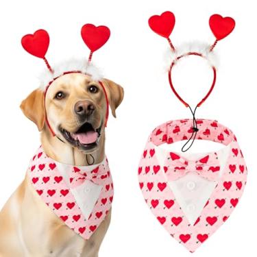 Imagem de Conjunto de fantasia de cachorro com estampa de coração vermelho com flecha do amor, smoking ajustável com penugem branca, tema do dia dos namorados, conjunto de fantasia romântica para gatos e cães