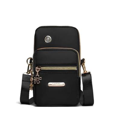 Imagem de Bolsa transversal pequena para mulheres, bolsa de telefone leve de nylon com alça ajustável, 3 bolsos com zíper para viagens, compras, uso diário, Preto, Bolsa transversal pequena para mulheres