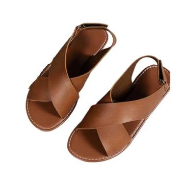 Imagem de Sandálias femininas de verão sandálias planas femininas de couro sintético macio sandálias de verão sapatos de praia femininos (marrom, pequeno)