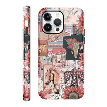 Imagem de Vulfwela Capa de telefone para iPhone 14 Pro de 6,1 polegadas Western Boho Collage, 2 em 1, chapéu de cowboy rosa vintage, cavalos, cabeça de touro, floral, capa de telefone country oeste, à prova de