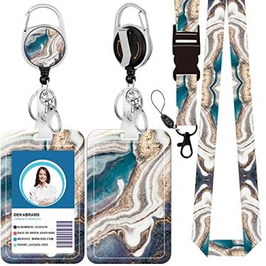 Imagem de Cordão de crachá, suporte retrátil para crachá com mosquetão e clipe de cinto, cordão com fecho lagosta para porta-crachás, presente de escritório para enfermeiras e professores (BLC-mármore dourado