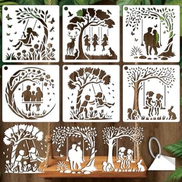 Imagem de GOMAKERER 6 folhas de estêncil de balanço de árvore para pintura, 6 estilos, família, amigos, balançando sob a árvore, estêncil de parede, estêncil de ramo de árvore para pintura na parede, decoração