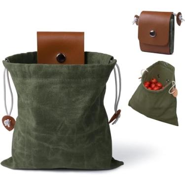 Imagem de Saco de forrageamento, sacos de frutas para colheita ao ar livre, bolsa de forragem de lona encerada, bolsa de couro dobrável com cordão para colheita multiuso para acampamento, viagem, caminhada