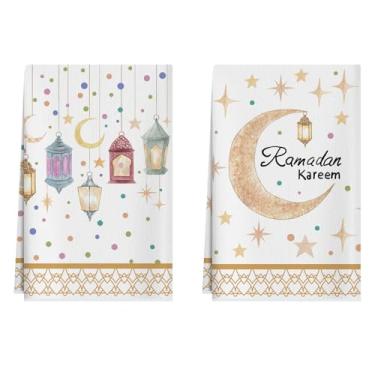 Imagem de XCHI Lantern Moons Stars Ramadan Kareem Toalhas de cozinha Toalhas de prato 45 x 66 centímetros Decorações para casa Conjunto de 2 panos de prato de secagem