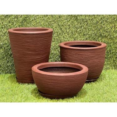 Imagem de Kit Com 3 Vasos Decorativo de Planta Escovado Polietileno Com Prato Co