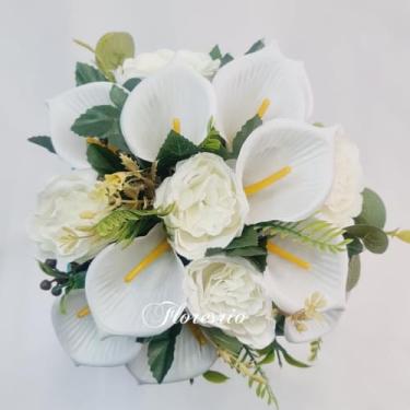Imagem de Buquê de Noiva Artificial com Flores Coloridas para Casamento Civil ou Religioso(CopoDeLeite/Branco)