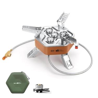 Imagem de AIROKA Fogão de acampamento portátil dobrável de butano 12800W com estojo de transporte, ignição eletrônica, mini fogão para acampamento ao ar livre, caminhadas, caminhadas e piqueniques (marrom