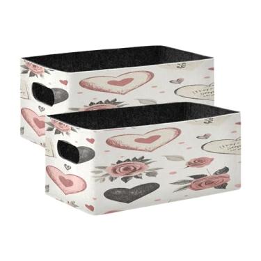 Imagem de xigua Conjunto de 2 caixas de armazenamento vintage de coração para o Dia dos Namorados, cubo de armazenamento dobrável, organizador de cestas de armazenamento para livros, prateleiras, armário