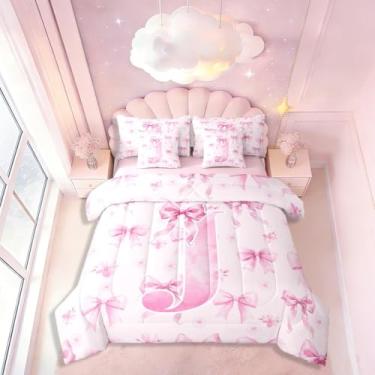Imagem de Conjunto de cama casal com letra J, 7 peças, estilo princesa kawaii, estilo princesa kawaii, conjunto de cama com laço de aquarela, inclui edredom, conjunto de lençóis, fronhas e fronhas, laço